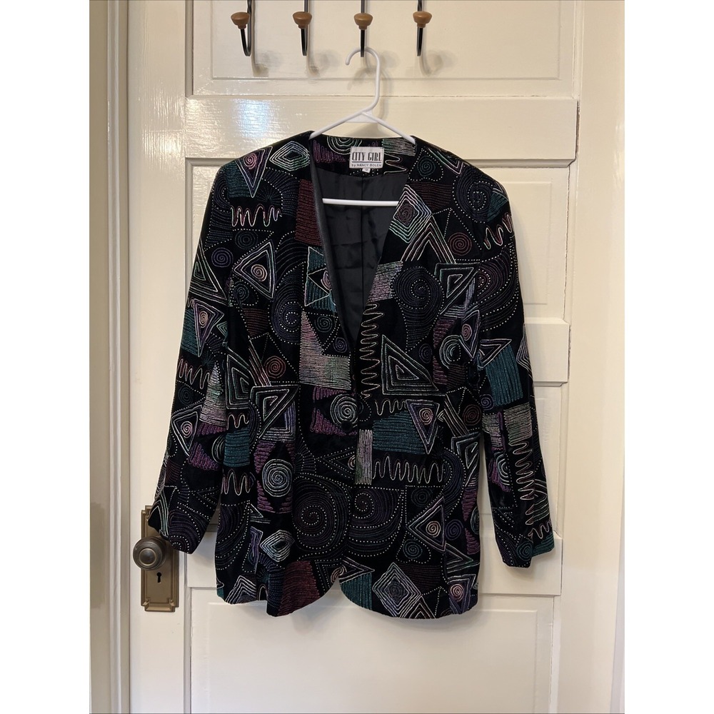 City Girl Nancy Bolen Womens 12 Black Velvet Geometric Frenzy Jacket Wild Art